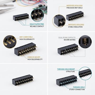 Double rangée 2,54 mm angle droit connecteur de tête féminin 04P-80P Or Flash PA6T PCB à travers le trou