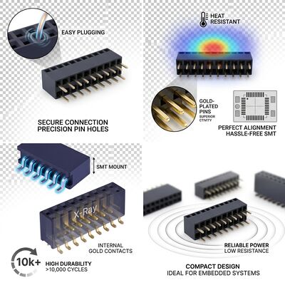 Connecteur femelle à embase verticale 2,54 mm de pas, 02P-40P, plaqué or, PA6T, traversant