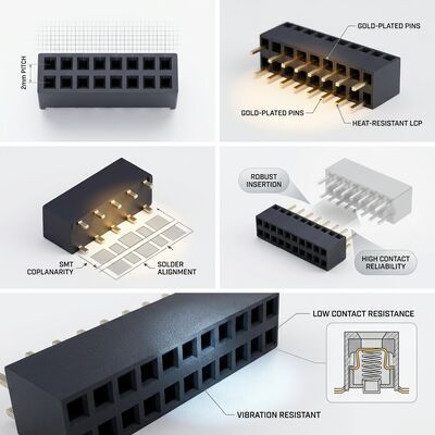 Connecteur femelle double rangée style boîte 2.54MM Flash Or PA6T Clé PCB Traversant